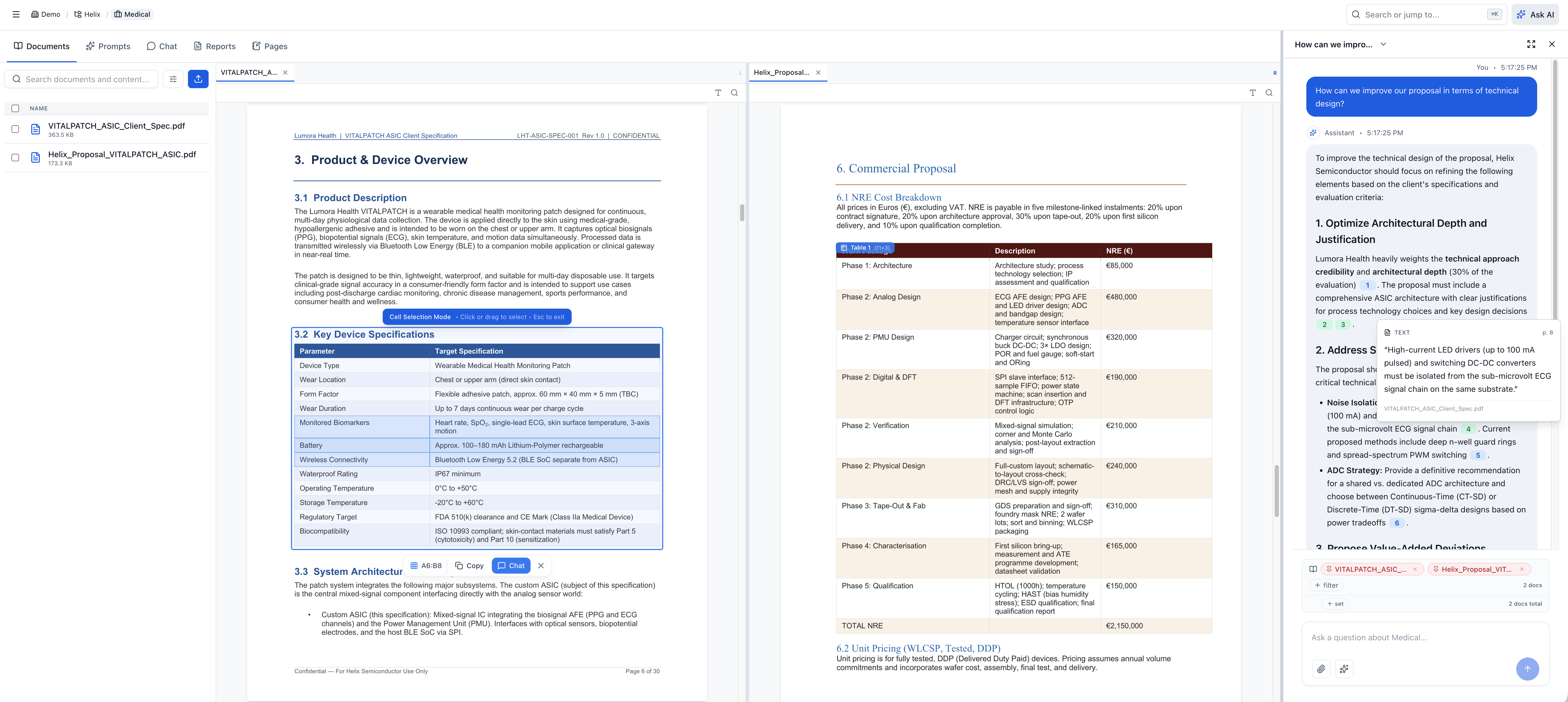 Full screen view: Client Specification, Your Proposal, and Technical Agent panels